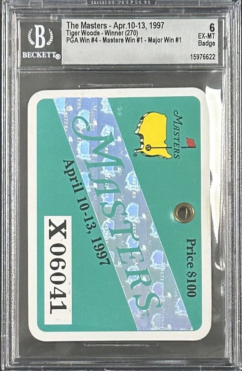 Tiger Woods 1997 Masters Badge Woods 1st Masters Win Beckett 6 EX-MT 15976622