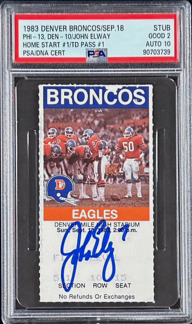 John Elway 1st Home Start 1st TD Pass Signed Ticket Stub PSA Good 2 Auto 10