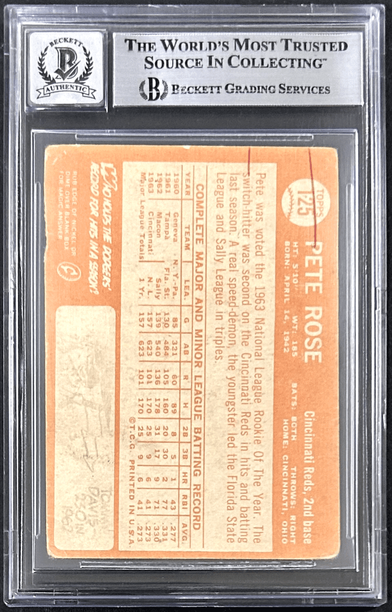 Pete Rose Signed 1964 Topps UER Card 125 Beckett Auto 10 Reds All Star Rookie CH - Image 2