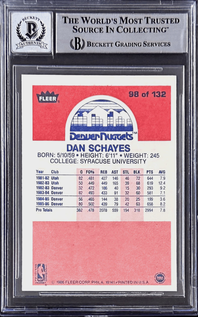 Dan Schayes Signed 1986-87 Fleer Rookie Card #98 Beckett Denver Nuggets Auto 10 - Image 2