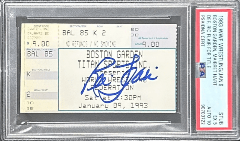 Ric Flair Signed Bret Hart vs Ric Flair 1993 WWF Ticket Stub PSA EX 5 Auto 10