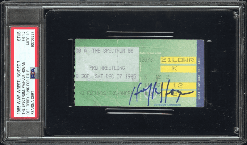 Hulk Hogan Signed 1985 WWF Wrestling Dec 7 PSA Stub FR 1.5 Auto 10 Vs Terry Funk