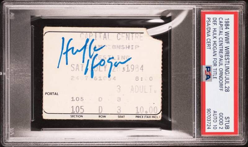 Hulk Hogan Signed 1984 WWF Wrestling Jul. 28 PSA Stub Good 2 Auto 10 Orndorff