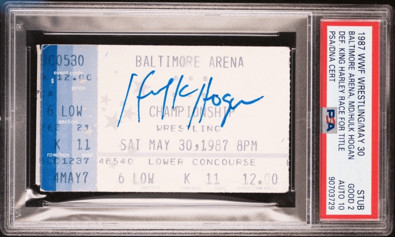 Hulk Hogan Signed 1987 WWF Wrestling May 30 PSA Stub Good 2 Auto 10 Harley Race