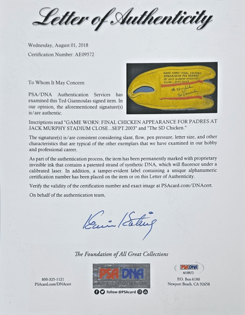 Ted Giannoulas Pete Rose San Diego Chicken Signed Game Worn Foot Uniform JSA - Image 3