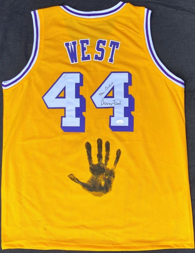 Jerry West Handprint Signed Autographed Yellow Jersey JSA BB00700 Mr. Clutch
