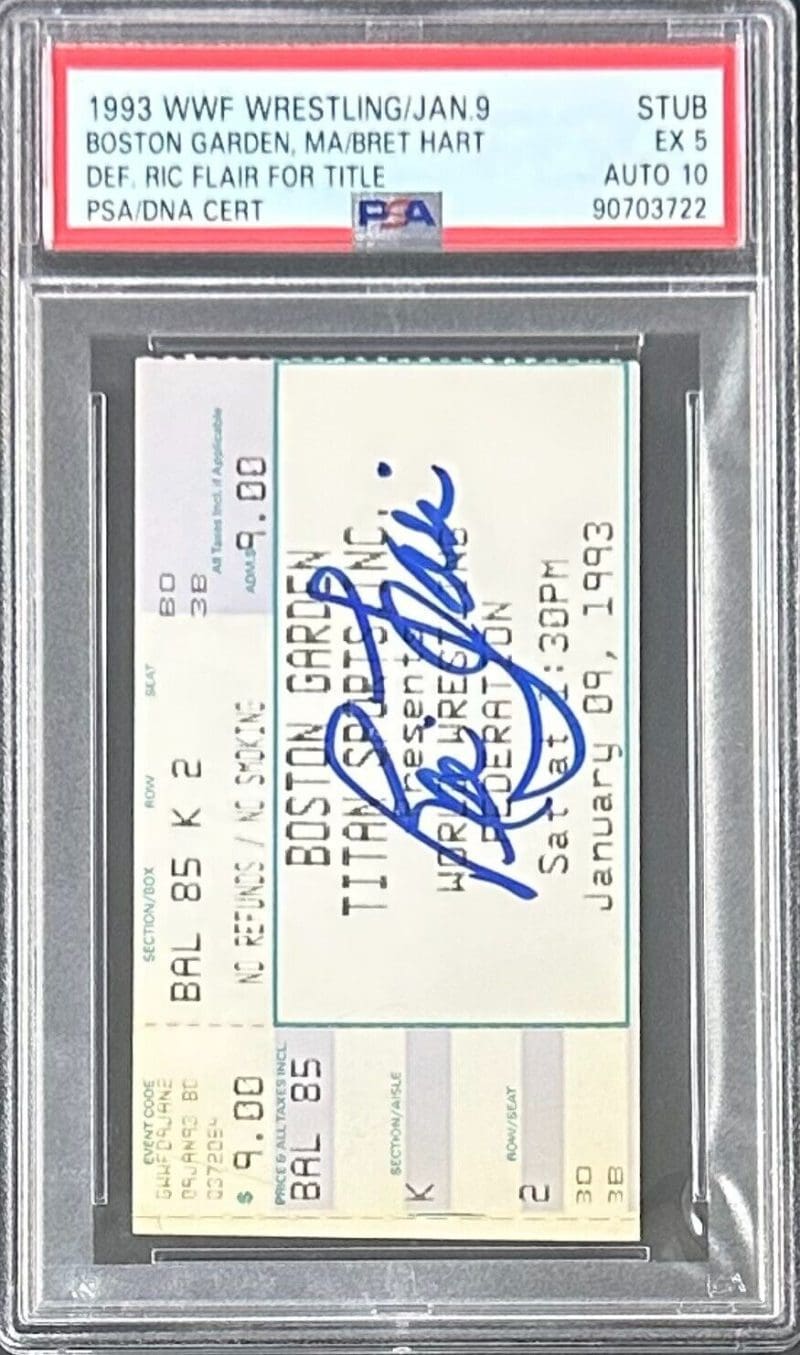 Ric Flair Signed Bret Hart vs Ric Flair 1993 WWF Ticket Stub PSA EX 5 Auto 10 - Image 2