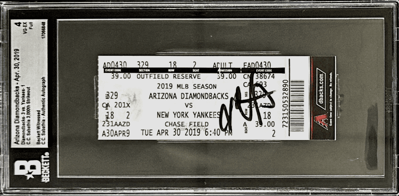 C.C. Sabathia Autographed Signed 3,000th Strikeout Full Ticket  Beckett 4VG-EX