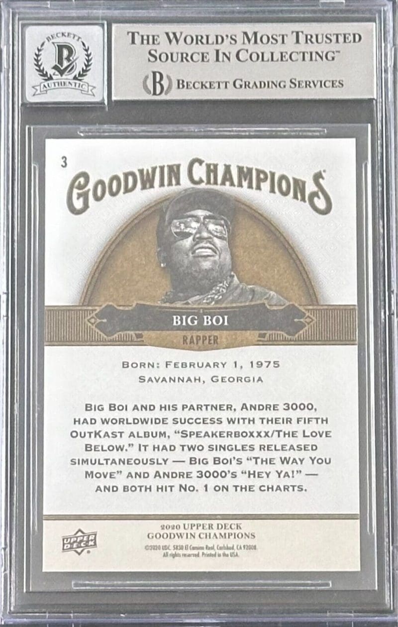 Big Boi Signed 2020 Upper Deck Goodwin Champions Card #3 BAS 16616966 Auto 10 - Image 2