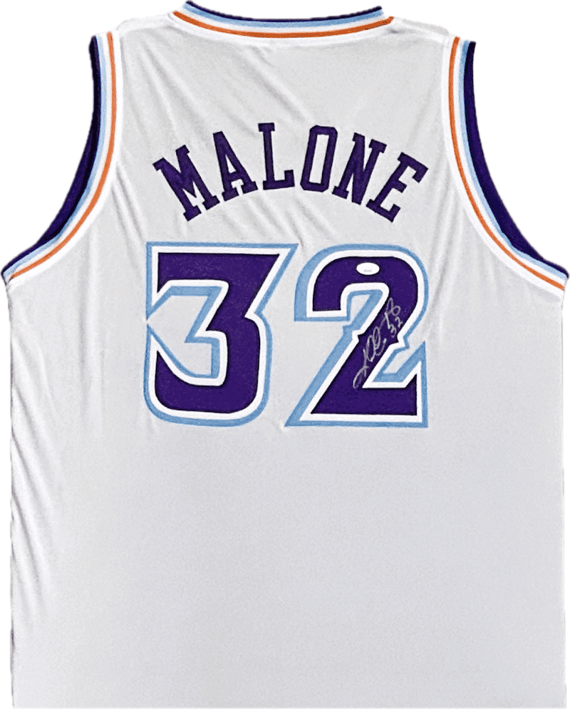 Karl Malone Signed Autographed White Light Blue Jersey JSA Authenticated