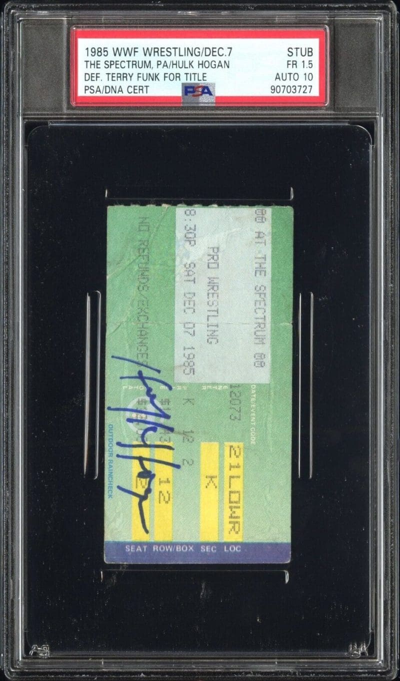 Hulk Hogan Signed 1985 WWF Wrestling Dec 7 PSA Stub FR 1.5 Auto 10 Vs Terry Funk - Image 2