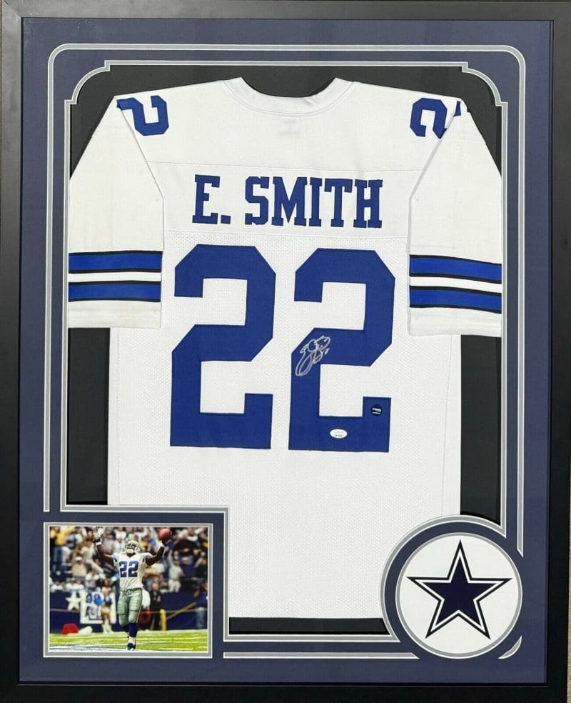 Emmitt Smith Signed Autographed Framed White Jersey JSA Authenticated Photo Logo