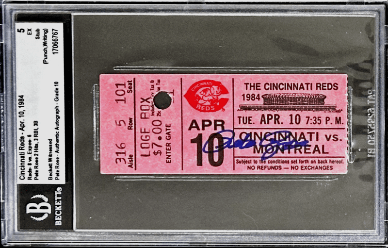 Pete Rose Signed Cincinnati Reds vs Montreal Expos 4/10/1984 Beckett Ticket Stub