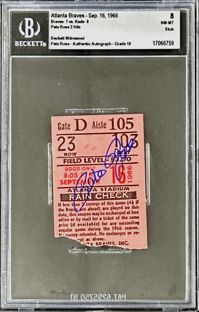 Pete Rose Autographed Signed Sep. 16, 1966 Ticket Stub Beckett 8 NM-MT 2 Hits