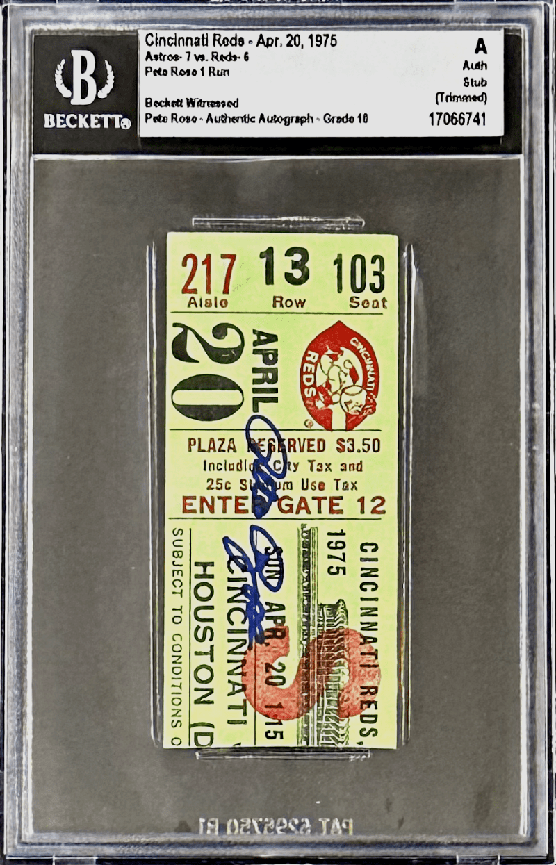Pete Rose Autographed Signed Apr. 20, 1975 Ticket Stub Beckett A Auth 1 Run - Image 2