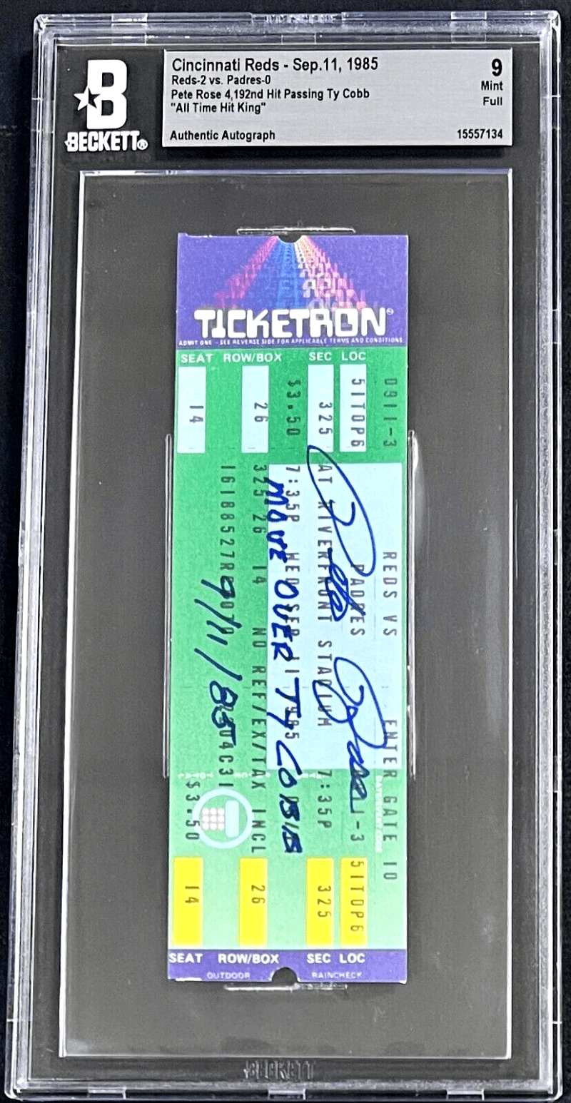 Pete Rose Signed Sep. 11, 1985 Full Ticket BAS Mint 9 Hit #4,192 Passing Ty Cobb
