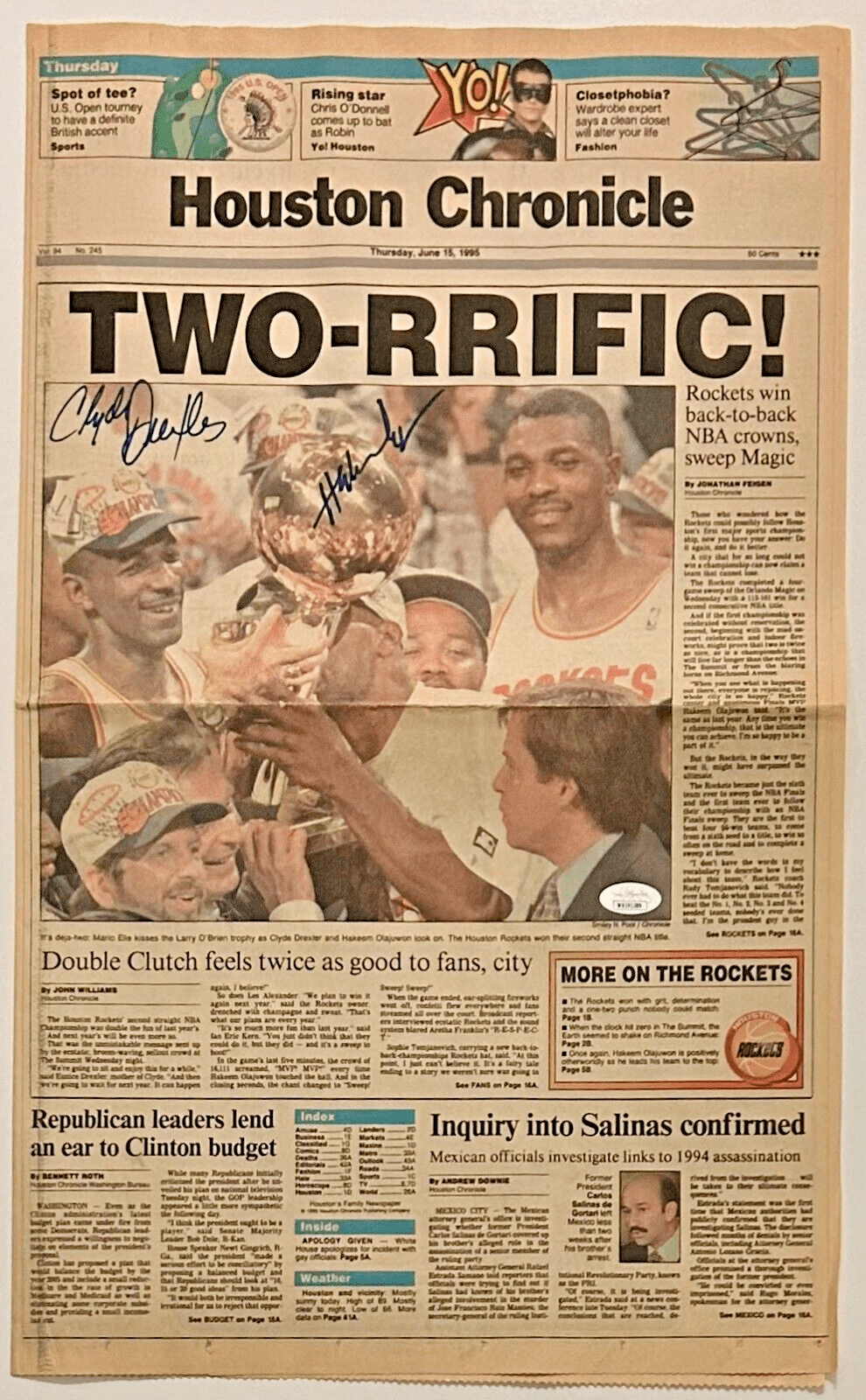 Hakeem Olajuwon Clyde Drexler Signed Houston Chronicle Front Hakeem Olajuwon Clyde Drexler Signed Houston Chronicle Front