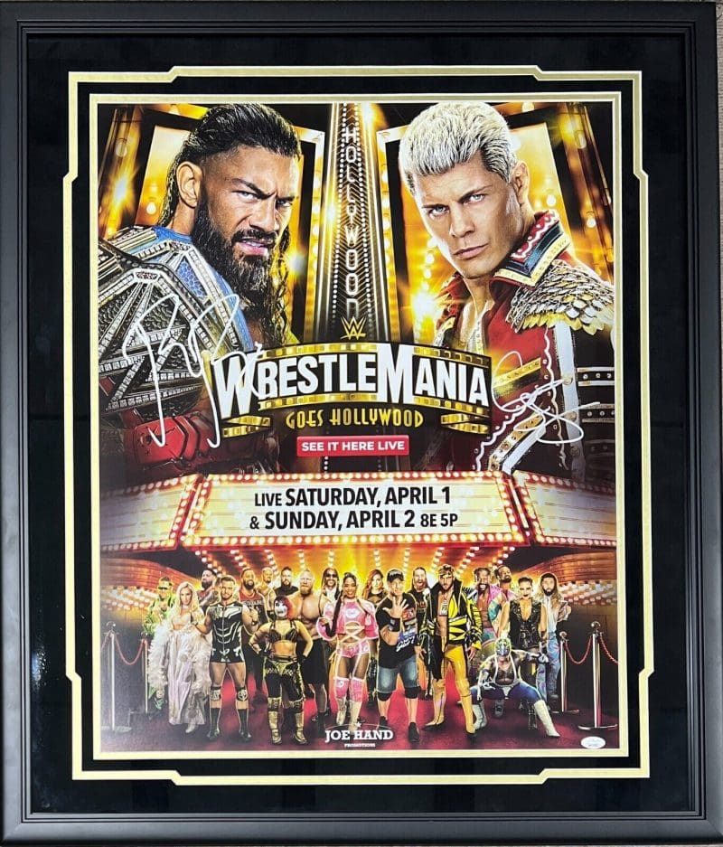 Roman Reigns & Cody Rhodes Signed Framed 22x28 WrestleMania Poster JSA Authentic