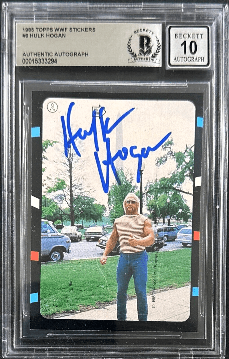 Hulk Hogan 1985 Topps WWF Sticker #9 Beckett Authen Auto 10