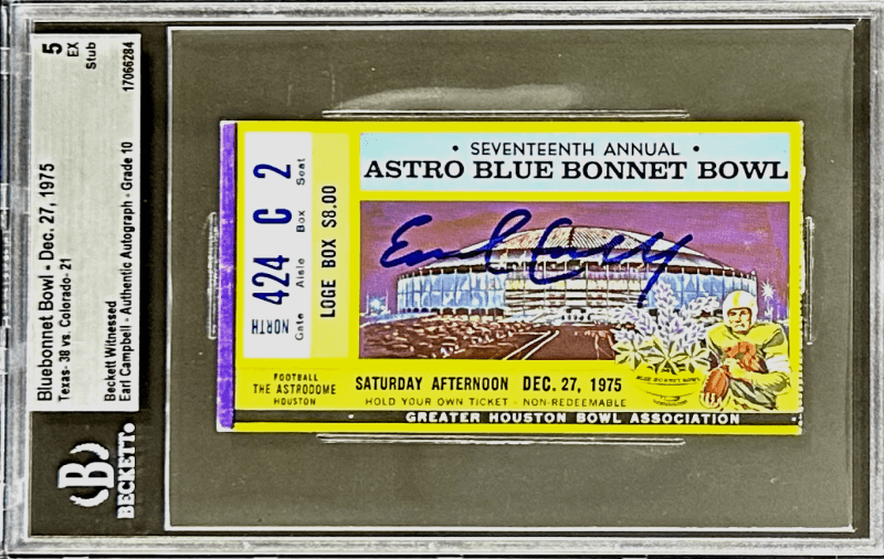Earl Campbell Signed Ticket Stub Texas Longhorns 1975 Bluebonnet Bowl Beckett