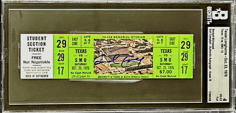Earl Campbell Autographed Signed Full Ticket Texas Longhorns Oct 23 1976 Beckett