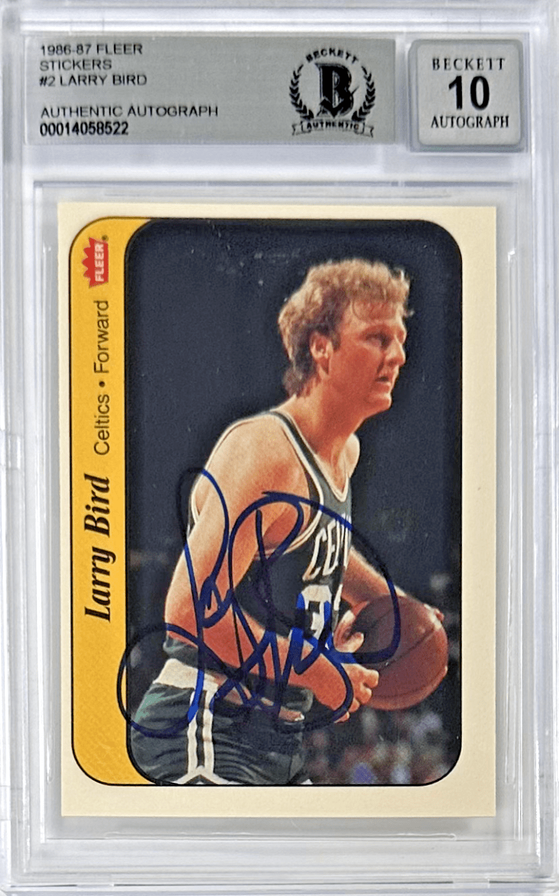 Larry Bird Signed 1986-87 Fleer Sticker Card #2 Beckett 14058522 Auto 10