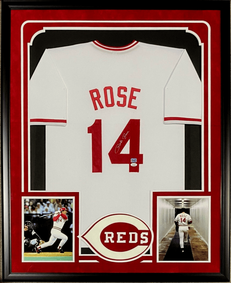 Pete Rose Signed Autographed Framed Jersey JSA Authentic Suede Cut Out Logo 2&1.