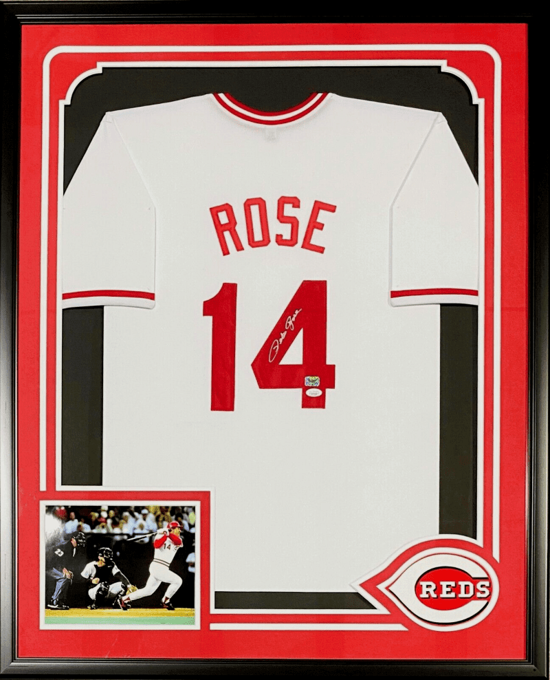 Pete Rose Signed Autographed Framed Jersey JSA Authenticated Paper Cut Out Logo.