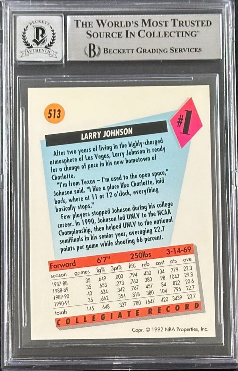 Larry Johnson 1991-92 Skybox Card #513 Auto 10 Beckett Authentication - Image 2