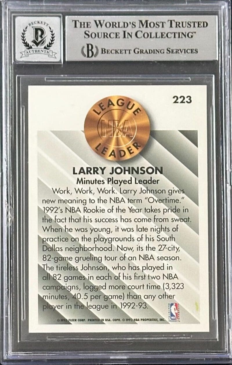 Larry Johnson 1993-94 Fleer LL #223 Beckett Authentication Auto 10 - Image 2