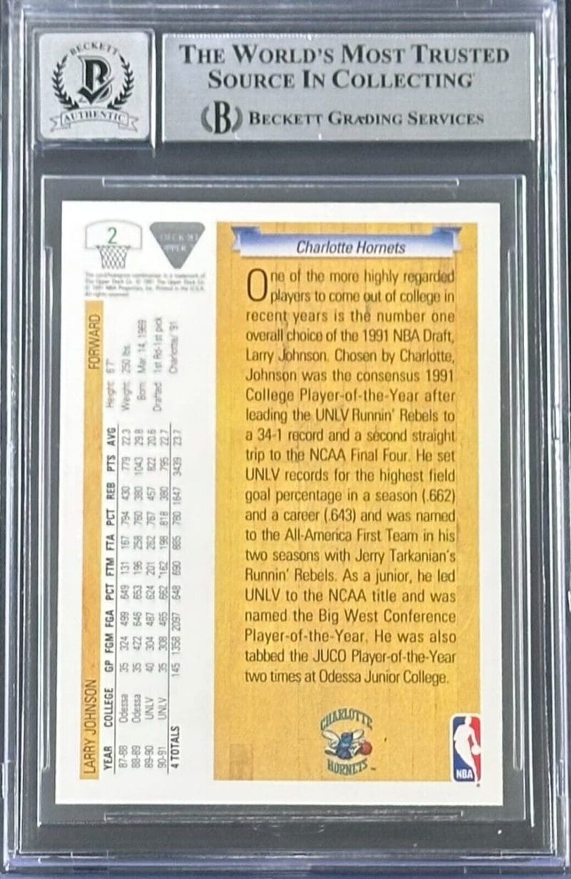 Larry Johnson 1991-92 Upper Deck UER Card #2 Beckett White Auto 10 - Image 2