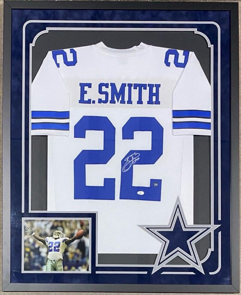 EMMITT SMITH Signed Autographed Framed Jersey JSA & PROVA Authen White/Blue