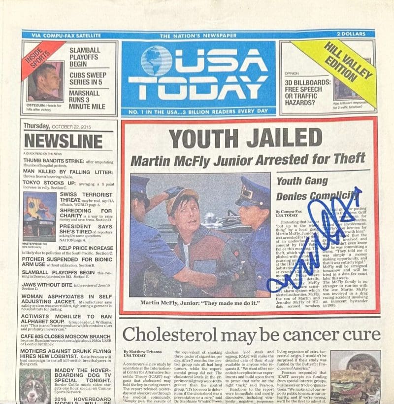 Michael J. Fox Signed Marty McFly Back to the Future USA Tody News Paper JSA
