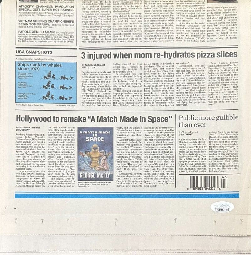 Michael J. Fox Signed Marty McFly Back to the Future USA Tody News Paper JSA - Image 2