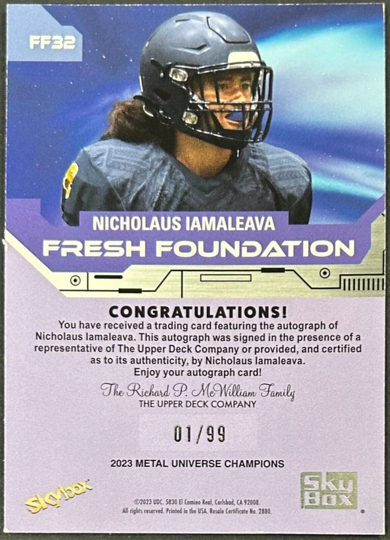 Nicholaus Iamaleava Signed 2023 Skybox Metal Universe Champions RC Rookie 01/99 - Image 2