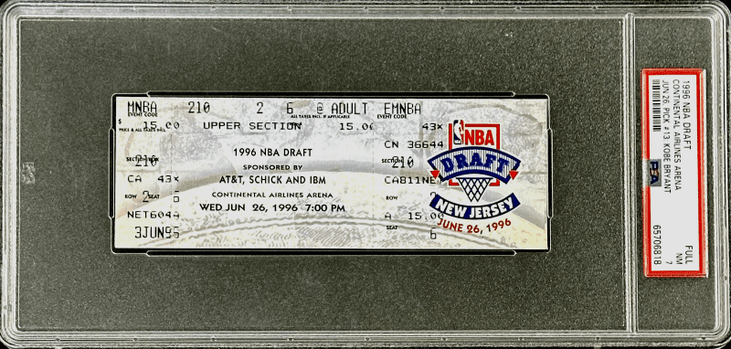 1996 NBA Draft Full Ticket Kobe Bryant Pick #13 PSA NM 7 To Lakers From Hornets