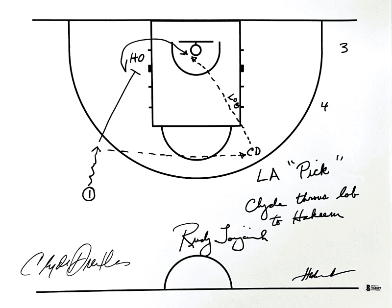 Rudy T Hakeem Olajuwon Clyde Drexler Signed 16x20 Photo Hand Drawn Play Beckett