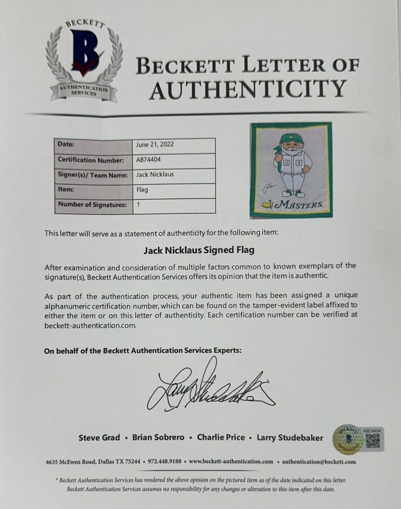 Jack Nicklaus Signed Autographed Garden Masters Flag Beckett Authenticated - Image 2