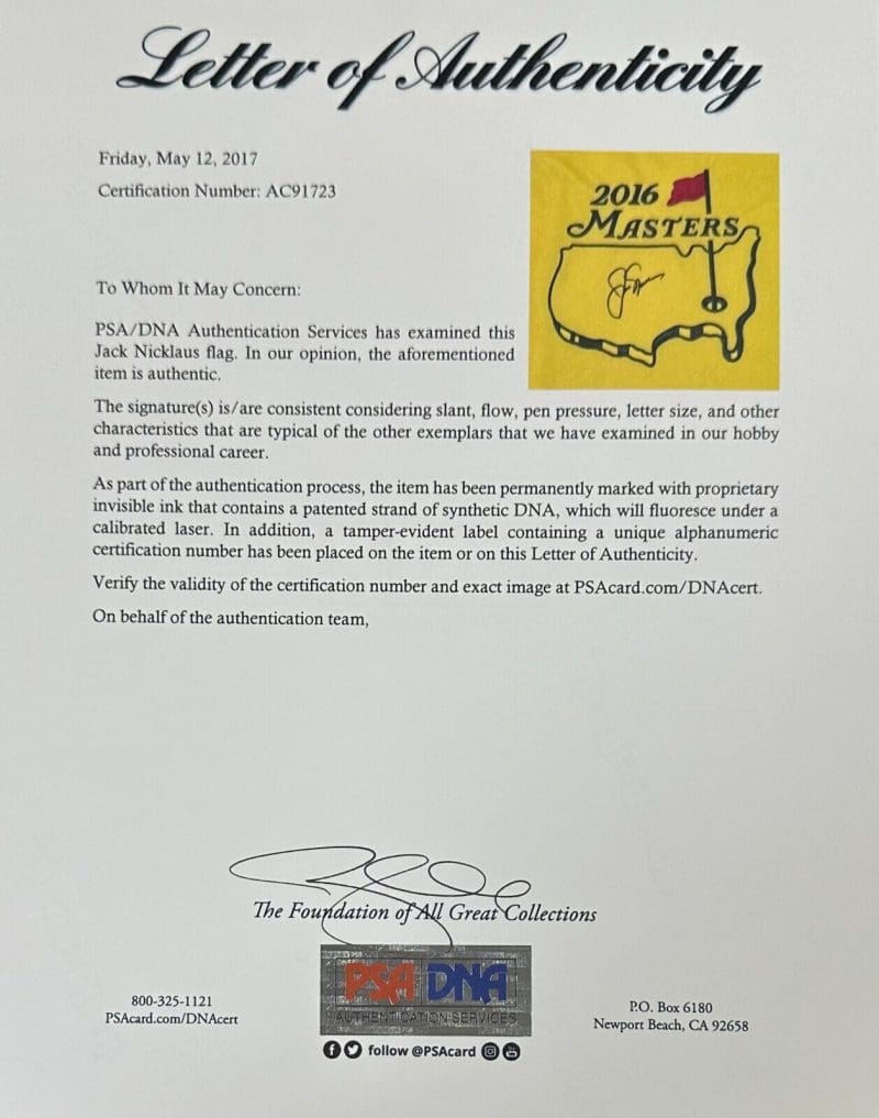 Jack Nicklaus Signed Autographed 2016 Masters Flag PSA/DNA Authentic AC91723 - Image 2