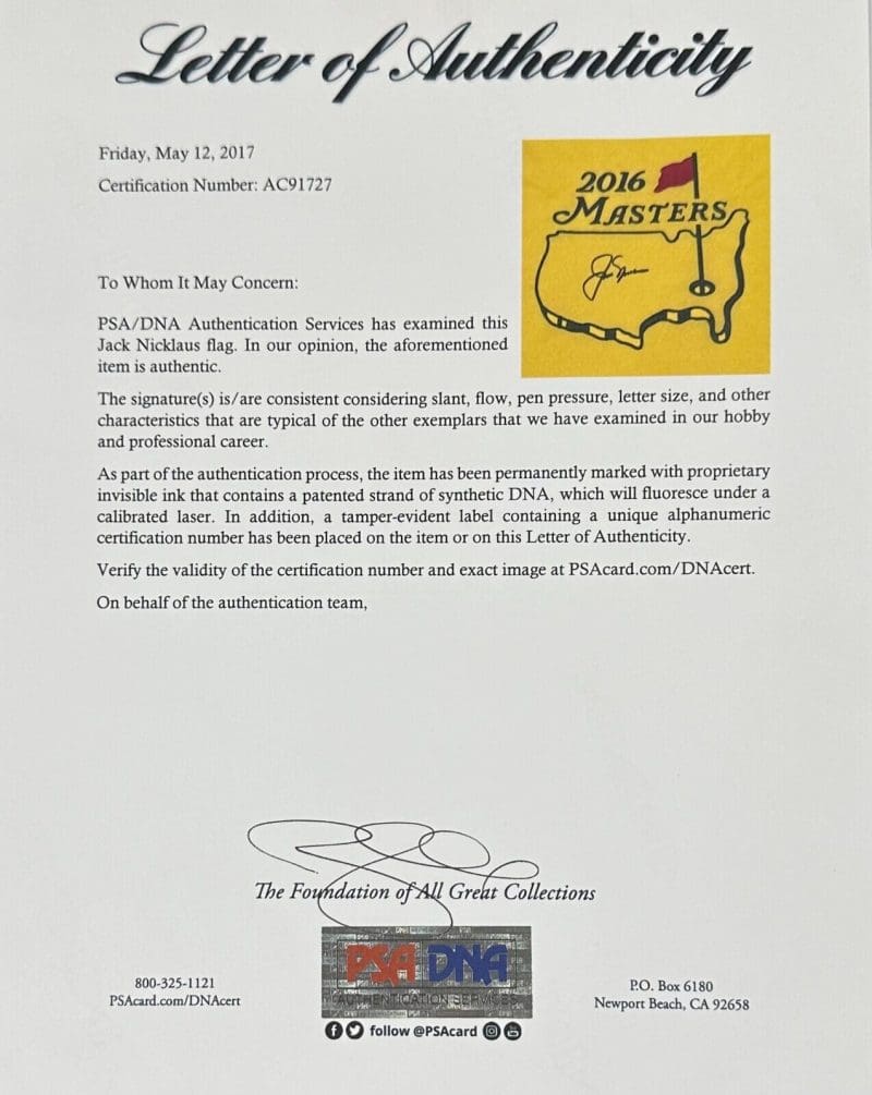 Jack Nicklaus Signed Autographed 2016 Masters Flag PSA/DNA Authentic AC91727 - Image 2