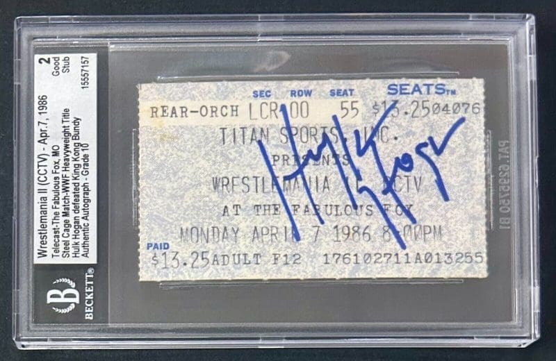 Hulk Hogan Signed Apr 7 1986 WrestleMania II CCTV Ticket Stub BAS 2 Good Auto 10