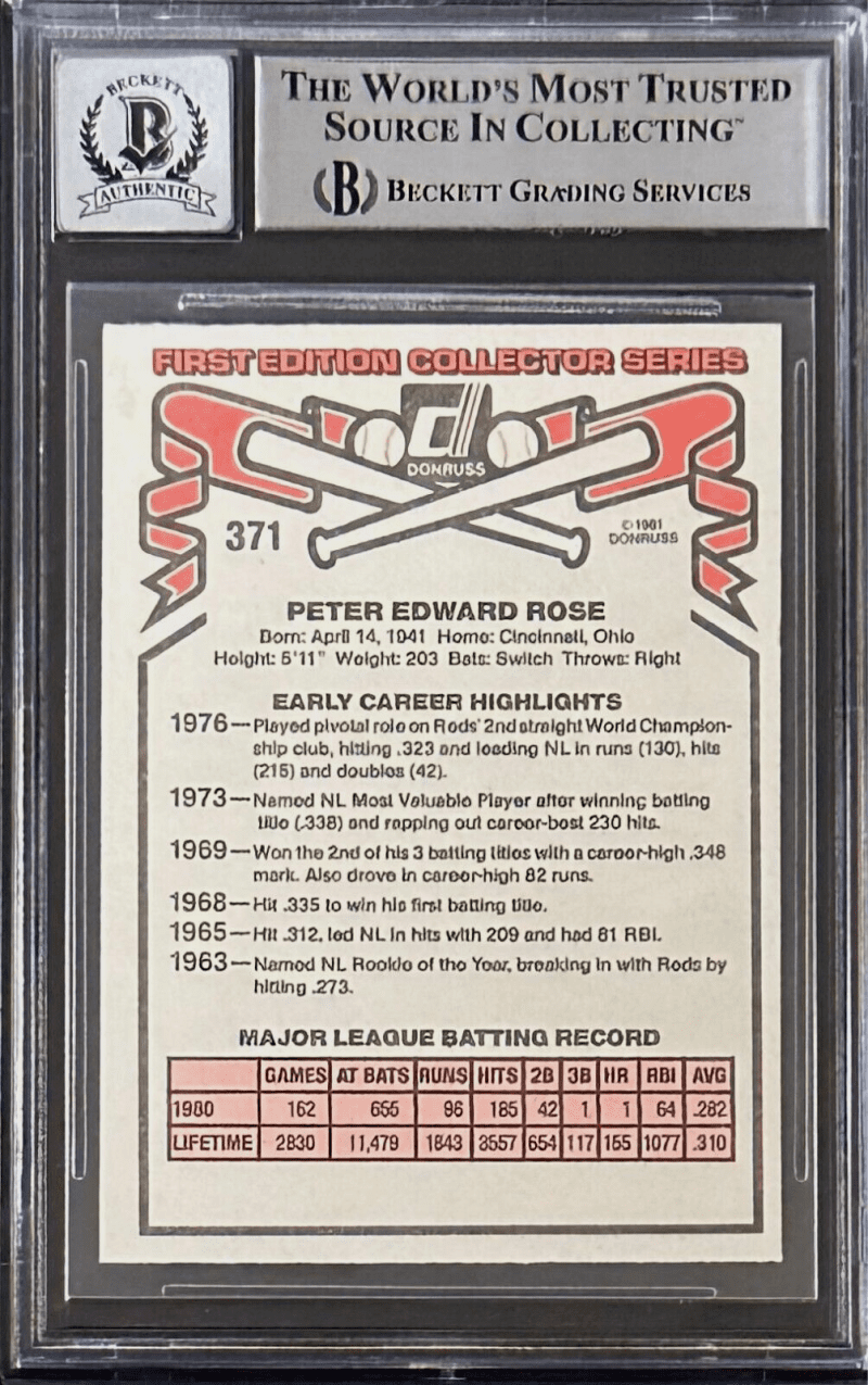 Pete Rose Signed 1981 Donruss #371 Beckett BAS Auto 10 Philadelphia Phillies - Image 2