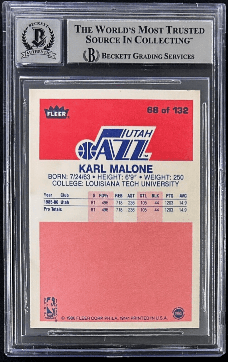 Karl Malone Signed 1986-87 Fleer Card #68 Beckett Utah Jazz Auto 10 15333064 - Image 2