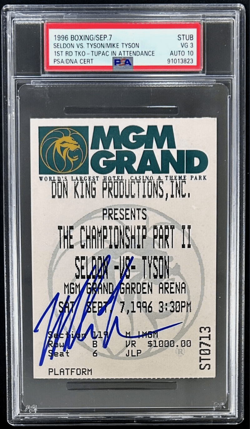 Mike Tyson vs Seldon Signed Ticket Stub PSA Auto Grade 10  2 Pac In Attendance 2