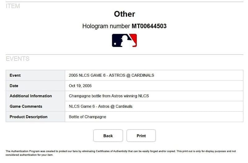 Houston Astros 2005 Winning NLCS GAME 6 Champagne Bottle MLB Authenti MT00644503 - Image 3