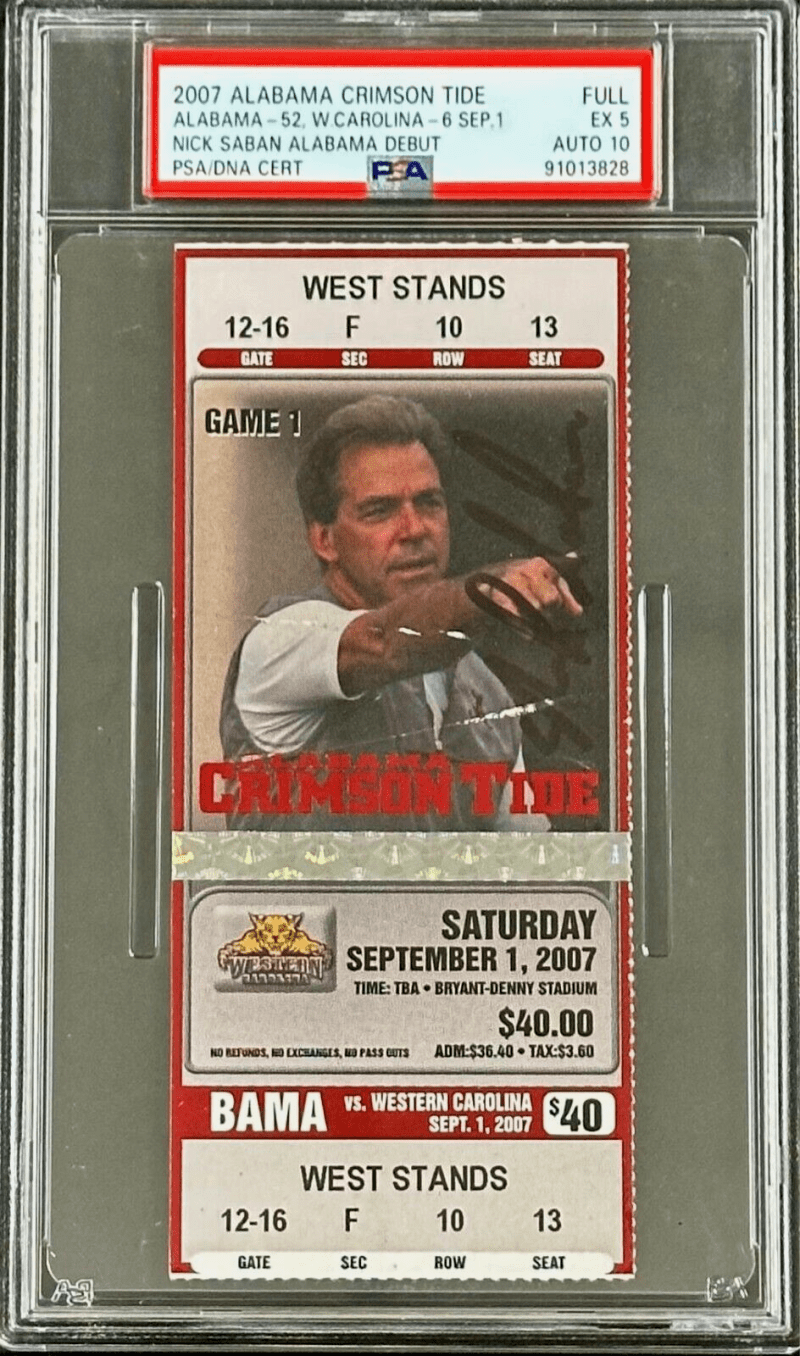 Nick Saban Signed 2007 Alabama Crimson Tide Debut Full Ticket PSA Auto 10 5 EX