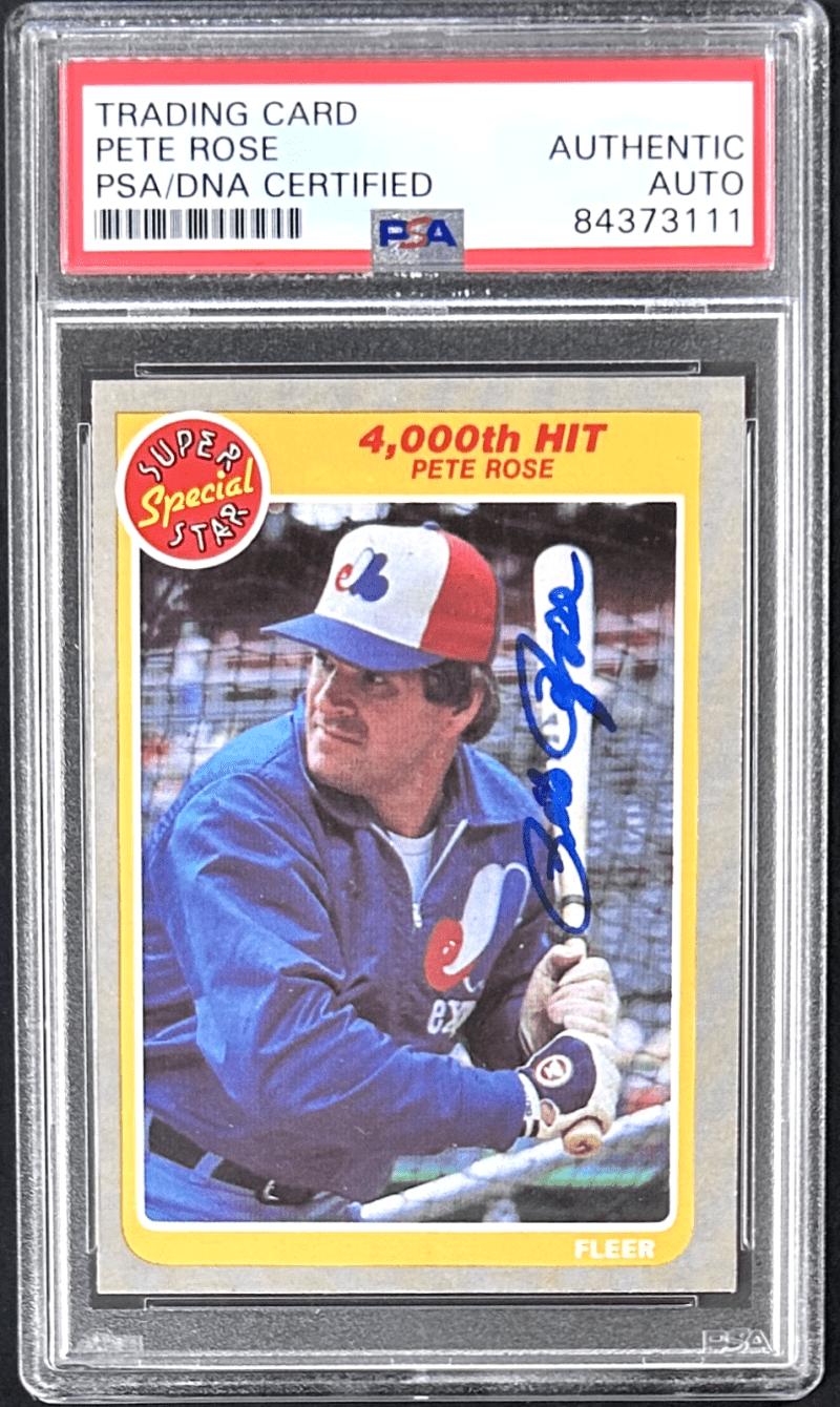 Pete Rose Signed 1985 Fleer Card #640 PSA/DNA Super Special Star 4,000th Hit