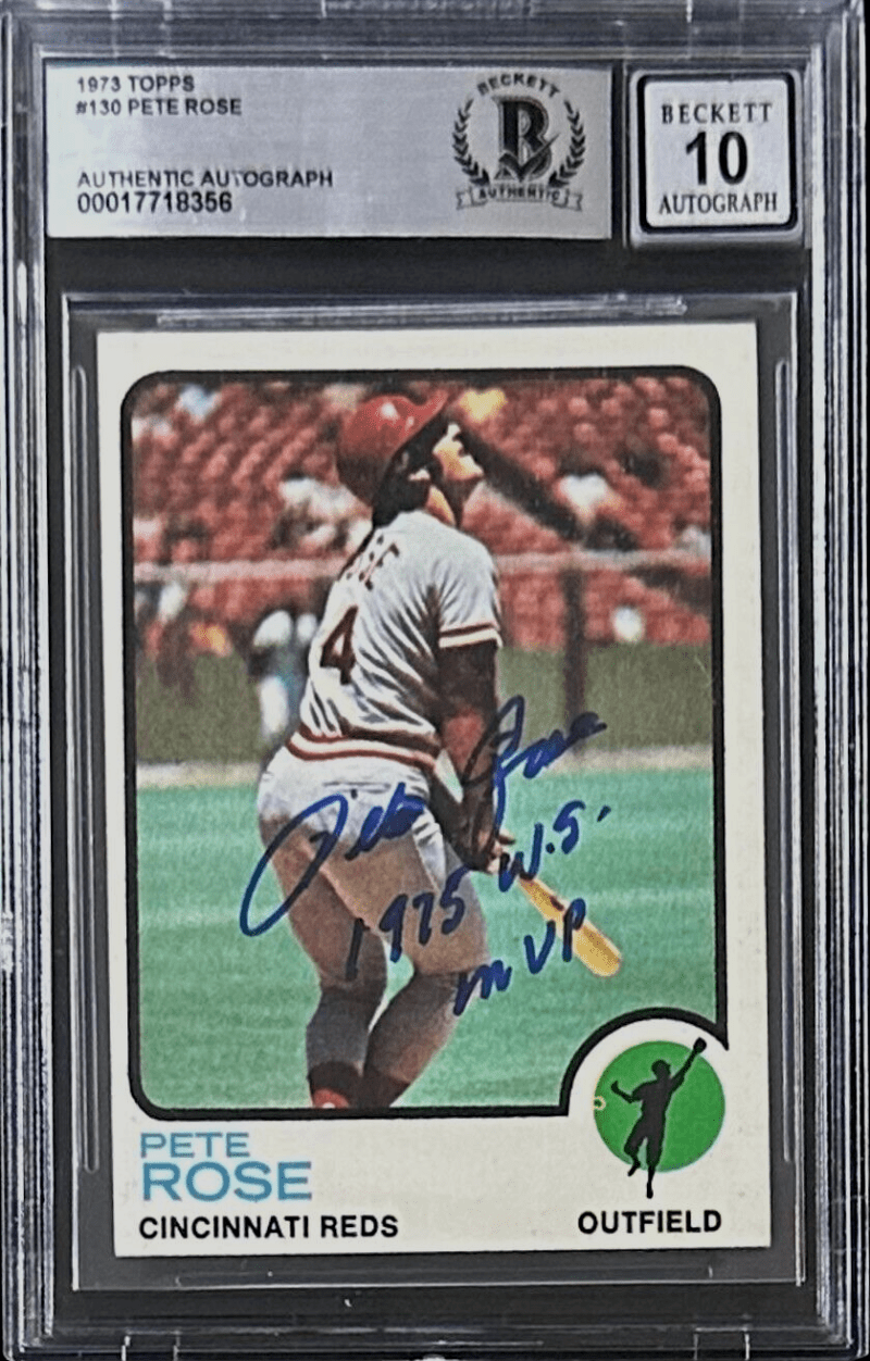 Pete Rose Signed 1973 Topps #130 Beckett BAS 10 Auto 1975 WS MVP inscription