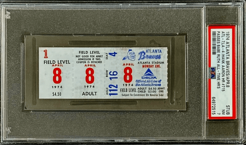 Hank Aaron Home Run #715 Ticket Stub PSA NM 7 Passes Babe Ruth All Time HR's - Image 2