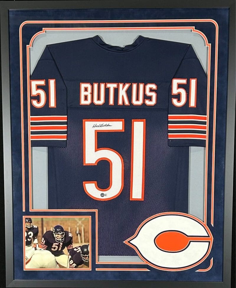 Dick Butkus Signed Autographed Framed Blue Jersey Beckett Authenticated
